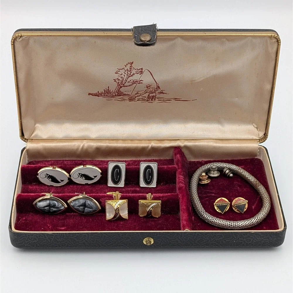 VTG Hickok Men's Jewelry Box Marlin Fishing Cufflinks Pins Mesh Bracelet Lot